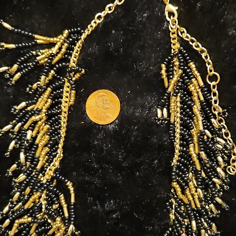 Gold + Black Beaded 15+3" Necklace Set with Matching Bracelet and Earrings - Picture 3 of 7